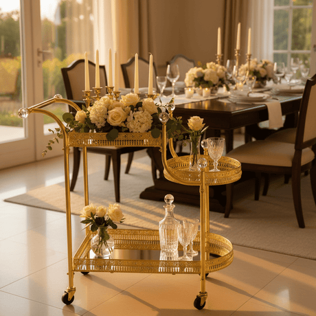 Pilsco 3-Tier Gold Metal & Mirrored Glass Serving Trolley Cart with Crystal Finials & Ornate Filigree Design | Luxury Hospitality & Majlis Tea Trolley on Wheels | 70 x 60 x 34 cm - Al Kabayel Discount CentrePilsco 3-Tier Gold Metal & Mirrored Glass Serving Trolley Cart with Crystal Finials & Ornate Filigree Design | Luxury Hospitality & Majlis Tea Trolley on Wheels | 70 x 60 x 34 cmOrganizers & AccessoriesPILSCOAl Kabayel Discount Centre