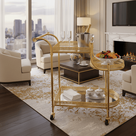 Pilsco 3-Tier Gold Metal & Mirrored Glass Serving Trolley Cart with Crystal Finials & Ornate Filigree Design | Luxury Hospitality & Majlis Tea Trolley on Wheels | 70 x 60 x 34 cm - Al Kabayel Discount CentrePilsco 3-Tier Gold Metal & Mirrored Glass Serving Trolley Cart with Crystal Finials & Ornate Filigree Design | Luxury Hospitality & Majlis Tea Trolley on Wheels | 70 x 60 x 34 cmOrganizers & AccessoriesPILSCOAl Kabayel Discount Centre