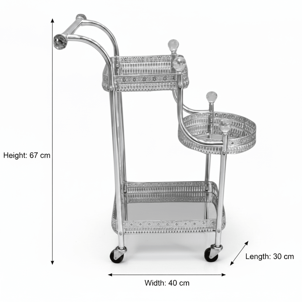 Pilsco 3-Tier Silver Chrome Metal & Glass Serving Trolley Cart with Ornate Filigree Design, Crystal Knob Accents & Rolling Casters | 67cm x 40cm x 30cm | - Al Kabayel Discount CentrePilsco 3-Tier Silver Chrome Metal & Glass Serving Trolley Cart with Ornate Filigree Design, Crystal Knob Accents & Rolling Casters | 67cm x 40cm x 30cm |Organizers & AccessoriesPILSCOAl Kabayel Discount Centre