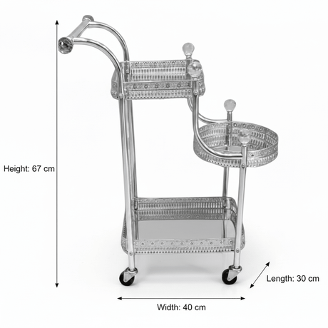 Pilsco 3-Tier Silver Chrome Metal & Glass Serving Trolley Cart with Ornate Filigree Design, Crystal Knob Accents & Rolling Casters | 67cm x 40cm x 30cm | - Al Kabayel Discount CentrePilsco 3-Tier Silver Chrome Metal & Glass Serving Trolley Cart with Ornate Filigree Design, Crystal Knob Accents & Rolling Casters | 67cm x 40cm x 30cm |Organizers & AccessoriesPILSCOAl Kabayel Discount Centre