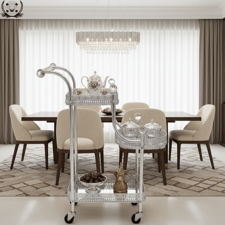 Pilsco 3-Tier Silver Chrome Metal & Glass Serving Trolley Cart with Ornate Filigree Design, Crystal Knob Accents & Rolling Casters | 67cm x 40cm x 30cm | - Al Kabayel Discount CentrePilsco 3-Tier Silver Chrome Metal & Glass Serving Trolley Cart with Ornate Filigree Design, Crystal Knob Accents & Rolling Casters | 67cm x 40cm x 30cm |Organizers & AccessoriesPILSCOAl Kabayel Discount Centre