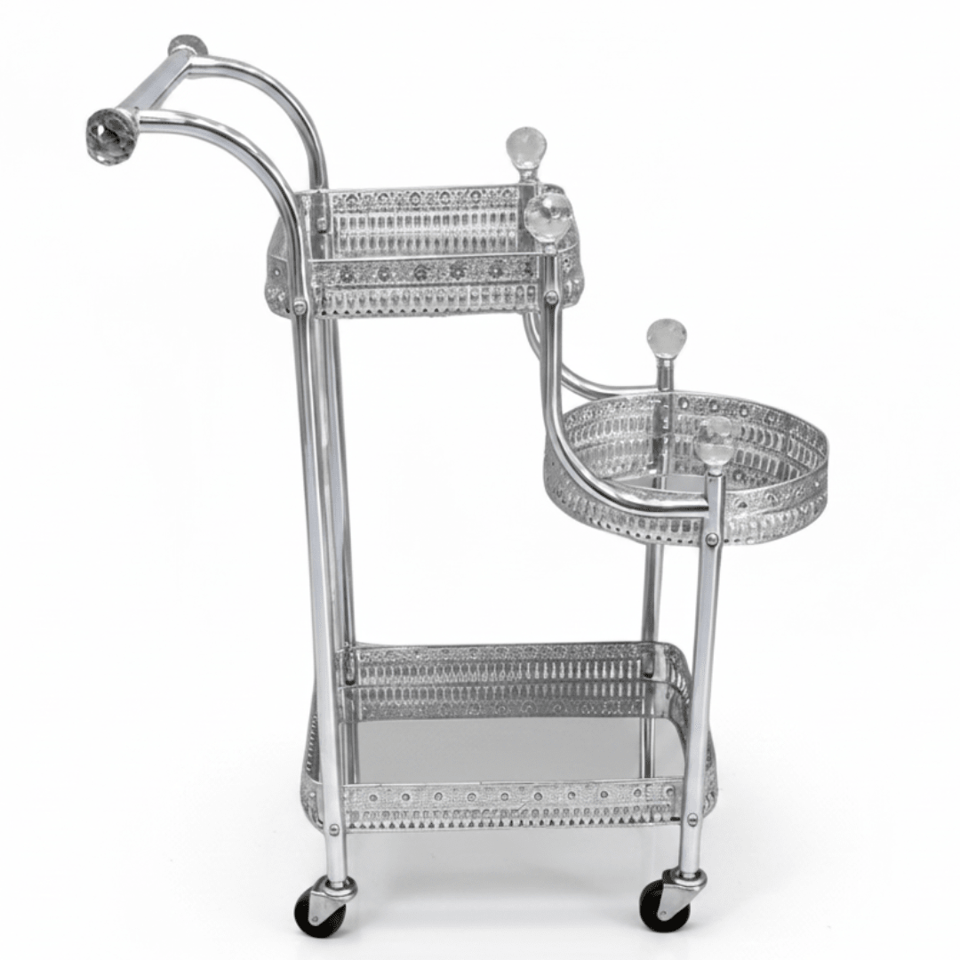 Pilsco 3-Tier Silver Chrome Metal & Glass Serving Trolley Cart with Ornate Filigree Design, Crystal Knob Accents & Rolling Casters | 67cm x 40cm x 30cm | - Al Kabayel Discount CentrePilsco 3-Tier Silver Chrome Metal & Glass Serving Trolley Cart with Ornate Filigree Design, Crystal Knob Accents & Rolling Casters | 67cm x 40cm x 30cm |Organizers & AccessoriesPILSCOAl Kabayel Discount Centre