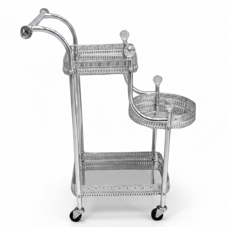 Pilsco 3-Tier Silver Chrome Metal & Glass Serving Trolley Cart with Ornate Filigree Design, Crystal Knob Accents & Rolling Casters | 67cm x 40cm x 30cm | - Al Kabayel Discount CentrePilsco 3-Tier Silver Chrome Metal & Glass Serving Trolley Cart with Ornate Filigree Design, Crystal Knob Accents & Rolling Casters | 67cm x 40cm x 30cm |Organizers & AccessoriesPILSCOAl Kabayel Discount Centre