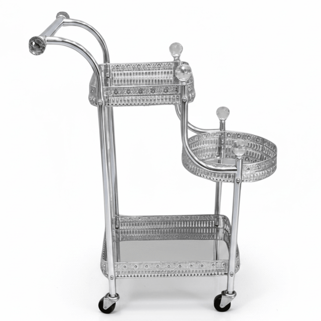 Pilsco 3-Tier Silver Chrome Metal & Glass Serving Trolley Cart with Ornate Filigree Design, Crystal Knob Accents & Rolling Casters | 67cm x 40cm x 30cm | - Al Kabayel Discount CentrePilsco 3-Tier Silver Chrome Metal & Glass Serving Trolley Cart with Ornate Filigree Design, Crystal Knob Accents & Rolling Casters | 67cm x 40cm x 30cm |Organizers & AccessoriesPILSCOAl Kabayel Discount Centre