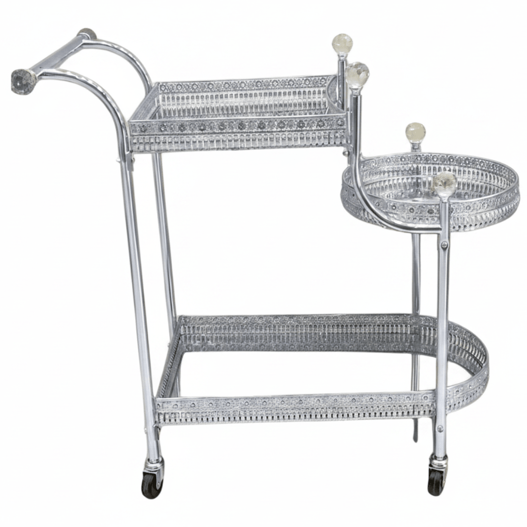 Pilsco 3-Tier Silver Chrome Metal Ornate Serving Trolley with Round Side Tray and Wheels | Majlis & Hospitality Tea Cart | 70cmx60x34cm - Al Kabayel Discount CentrePilsco 3-Tier Silver Chrome Metal Ornate Serving Trolley with Round Side Tray and Wheels | Majlis & Hospitality Tea Cart | 70cmx60x34cmOrganizers & AccessoriesPILSCOAl Kabayel Discount Centre