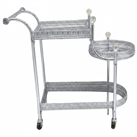 Pilsco 3-Tier Silver Chrome Metal Ornate Serving Trolley with Round Side Tray and Wheels | Majlis & Hospitality Tea Cart | 70cmx60x34cm - Al Kabayel Discount CentrePilsco 3-Tier Silver Chrome Metal Ornate Serving Trolley with Round Side Tray and Wheels | Majlis & Hospitality Tea Cart | 70cmx60x34cmOrganizers & AccessoriesPILSCOAl Kabayel Discount Centre