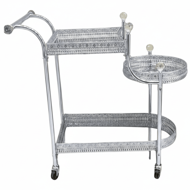 Pilsco 3-Tier Silver Chrome Metal Ornate Serving Trolley with Round Side Tray and Wheels | Majlis & Hospitality Tea Cart | 70cmx60x34cm - Al Kabayel Discount CentrePilsco 3-Tier Silver Chrome Metal Ornate Serving Trolley with Round Side Tray and Wheels | Majlis & Hospitality Tea Cart | 70cmx60x34cmOrganizers & AccessoriesPILSCOAl Kabayel Discount Centre