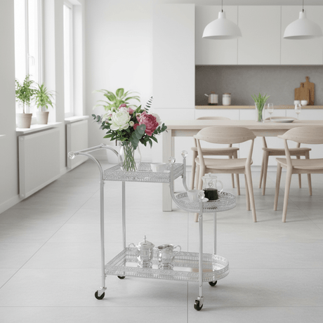 Pilsco 3-Tier Silver Chrome Metal Ornate Serving Trolley with Round Side Tray and Wheels | Majlis & Hospitality Tea Cart | 70cmx60x34cm - Al Kabayel Discount CentrePilsco 3-Tier Silver Chrome Metal Ornate Serving Trolley with Round Side Tray and Wheels | Majlis & Hospitality Tea Cart | 70cmx60x34cmOrganizers & AccessoriesPILSCOAl Kabayel Discount Centre
