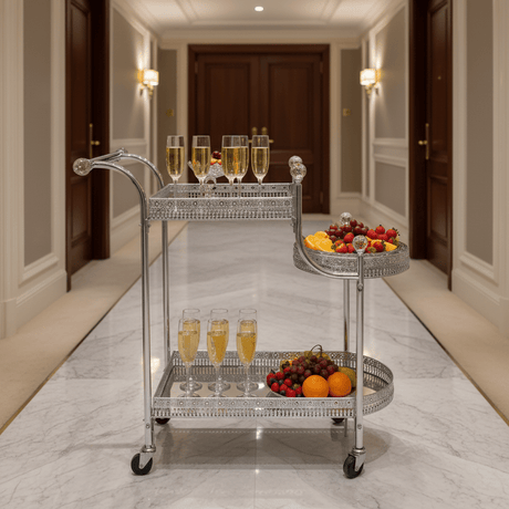 Pilsco 3-Tier Silver Chrome Metal Ornate Serving Trolley with Round Side Tray and Wheels | Majlis & Hospitality Tea Cart | 70cmx60x34cm - Al Kabayel Discount CentrePilsco 3-Tier Silver Chrome Metal Ornate Serving Trolley with Round Side Tray and Wheels | Majlis & Hospitality Tea Cart | 70cmx60x34cmOrganizers & AccessoriesPILSCOAl Kabayel Discount Centre