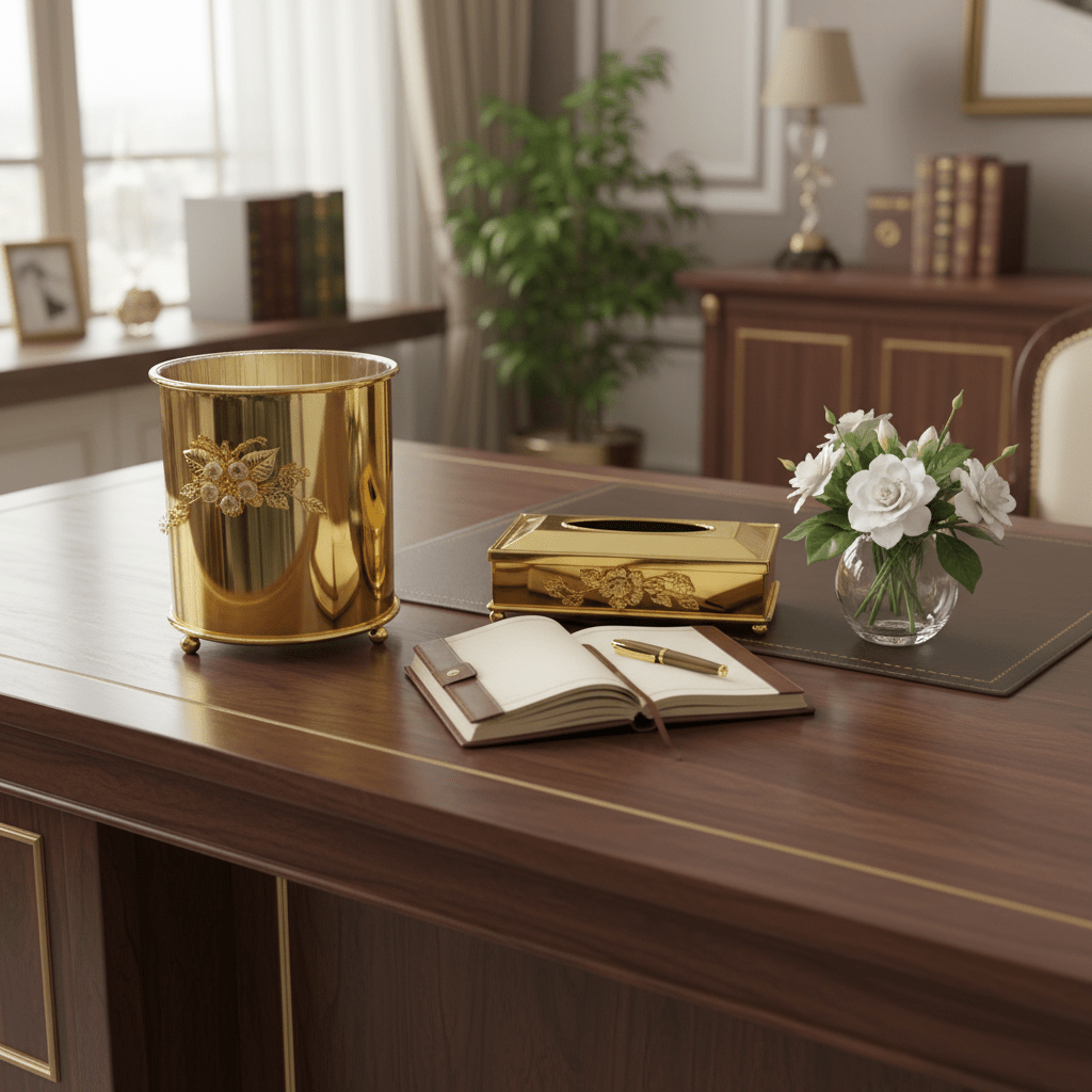 Pilsco Acrylic Dustbin with Gold Metal Base and Tissue Box Set – Premium Finish for Home & Office – 26 × 22 cm & 26 × 13 cm - Al Kabayel Discount CentrePilsco Acrylic Dustbin with Gold Metal Base and Tissue Box Set – Premium Finish for Home & Office – 26 × 22 cm & 26 × 13 cmOrganizers & AccessoriesPILSCOAl Kabayel Discount Centre
