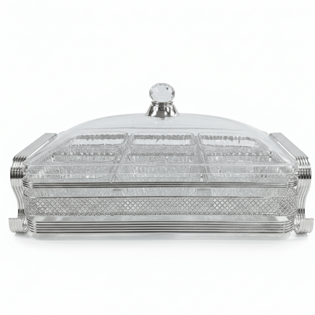 Pilsco Elegant 6 - Section Acrylic Candy Serving Tray with Silver Metal Holder & Decorative Lid – Premium Sweet and Snack Organizer 38×26 cm - Al Kabayel Discount CentrePilsco Elegant 6 - Section Acrylic Candy Serving Tray with Silver Metal Holder & Decorative Lid – Premium Sweet and Snack Organizer 38×26 cmJars & Food SaversPILSCOAl Kabayel Discount Centre