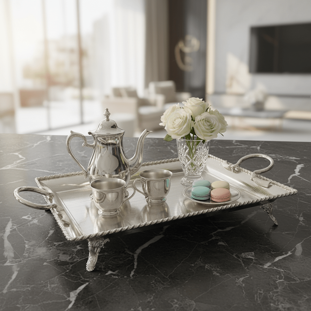 Pilsco Footed Silver Stainless Steel Serving Tray with Elegant Handles – 50×35cm - Al Kabayel Discount CentrePilsco Footed Silver Stainless Steel Serving Tray with Elegant Handles – 50×35cmServing TraysPILSCOAl Kabayel Discount Centre