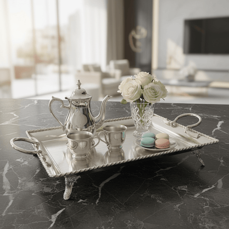 Pilsco Footed Silver Stainless Steel Serving Tray with Elegant Handles – 50×35cm - Al Kabayel Discount CentrePilsco Footed Silver Stainless Steel Serving Tray with Elegant Handles – 50×35cmServing TraysPILSCOAl Kabayel Discount Centre