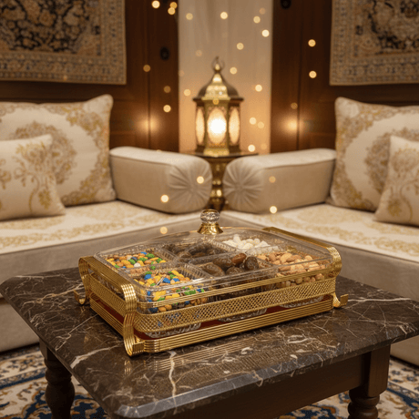 Pilsco Luxury 6 - Section Acrylic Candy Bowl with Premium Gold Metal Holder & Lid – Elegant Organizer for Chocolates Nuts Dates and Dry Fruits 38×26 cm - Al Kabayel Discount CentrePilsco Luxury 6 - Section Acrylic Candy Bowl with Premium Gold Metal Holder & Lid – Elegant Organizer for Chocolates Nuts Dates and Dry Fruits 38×26 cmJars & Food SaversPILSCOAl Kabayel Discount Centre
