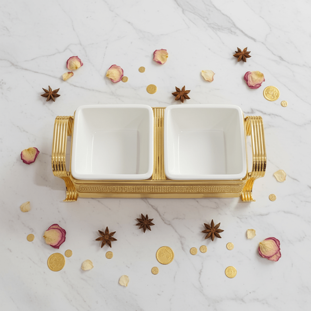 Pilsco Luxury White Ceramic Dual Candy Bowl with Premium Gold Metal Holder & Decorative Lid – Elegant Majlis Serving Tray 25×12 cm - Al Kabayel Discount CentrePilsco Luxury White Ceramic Dual Candy Bowl with Premium Gold Metal Holder & Decorative Lid – Elegant Majlis Serving Tray 25×12 cmJars & Food SaversPILSCOAl Kabayel Discount Centre