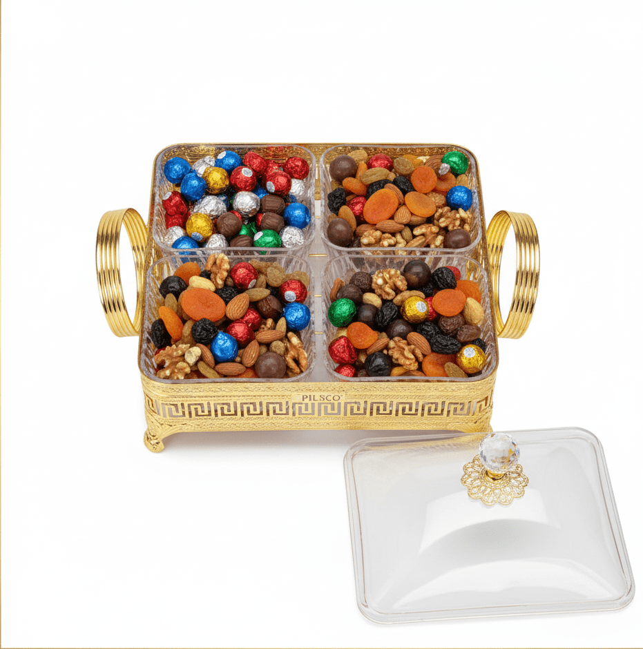 Pilsco Premium 4 - Section Acrylic Candy Bowl with Gold Metal Holder & Elegant Lid – Luxury Serving Tray for Chocolates and Dry Fruits 25×25 cm - Al Kabayel Discount CentrePilsco Premium 4 - Section Acrylic Candy Bowl with Gold Metal Holder & Elegant Lid – Luxury Serving Tray for Chocolates and Dry Fruits 25×25 cmJars & Food SaversPILSCOAl Kabayel Discount Centre