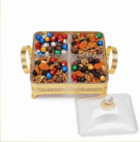 Pilsco Premium 4 - Section Acrylic Candy Bowl with Gold Metal Holder & Elegant Lid – Luxury Serving Tray for Chocolates and Dry Fruits 25×25 cm - Al Kabayel Discount CentrePilsco Premium 4 - Section Acrylic Candy Bowl with Gold Metal Holder & Elegant Lid – Luxury Serving Tray for Chocolates and Dry Fruits 25×25 cmJars & Food SaversPILSCOAl Kabayel Discount Centre