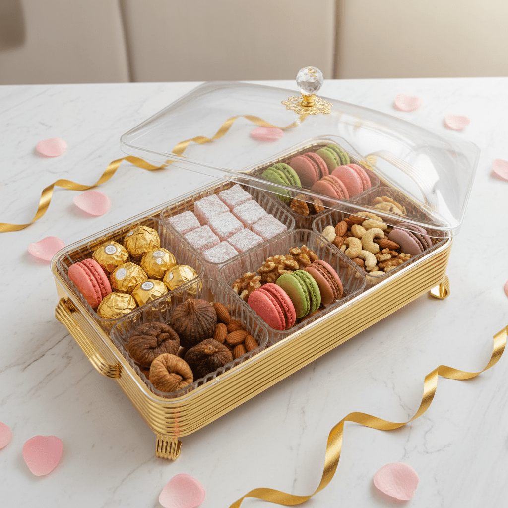 Pilsco Premium 6 - Compartment Clear Acrylic Candy Storage Box with Elegant Gold Metal Frame & Lid for Chocolates Dry Fruits Sweets and Snacks – Luxury Serving Organizer 40×28 cm - Al Kabayel Discount CentrePilsco Premium 6 - Compartment Clear Acrylic Candy Storage Box with Elegant Gold Metal Frame & Lid for Chocolates Dry Fruits Sweets and Snacks – Luxury Serving Organizer 40×28 cmJars & Food SaversPILSCOAl Kabayel Discount Centre
