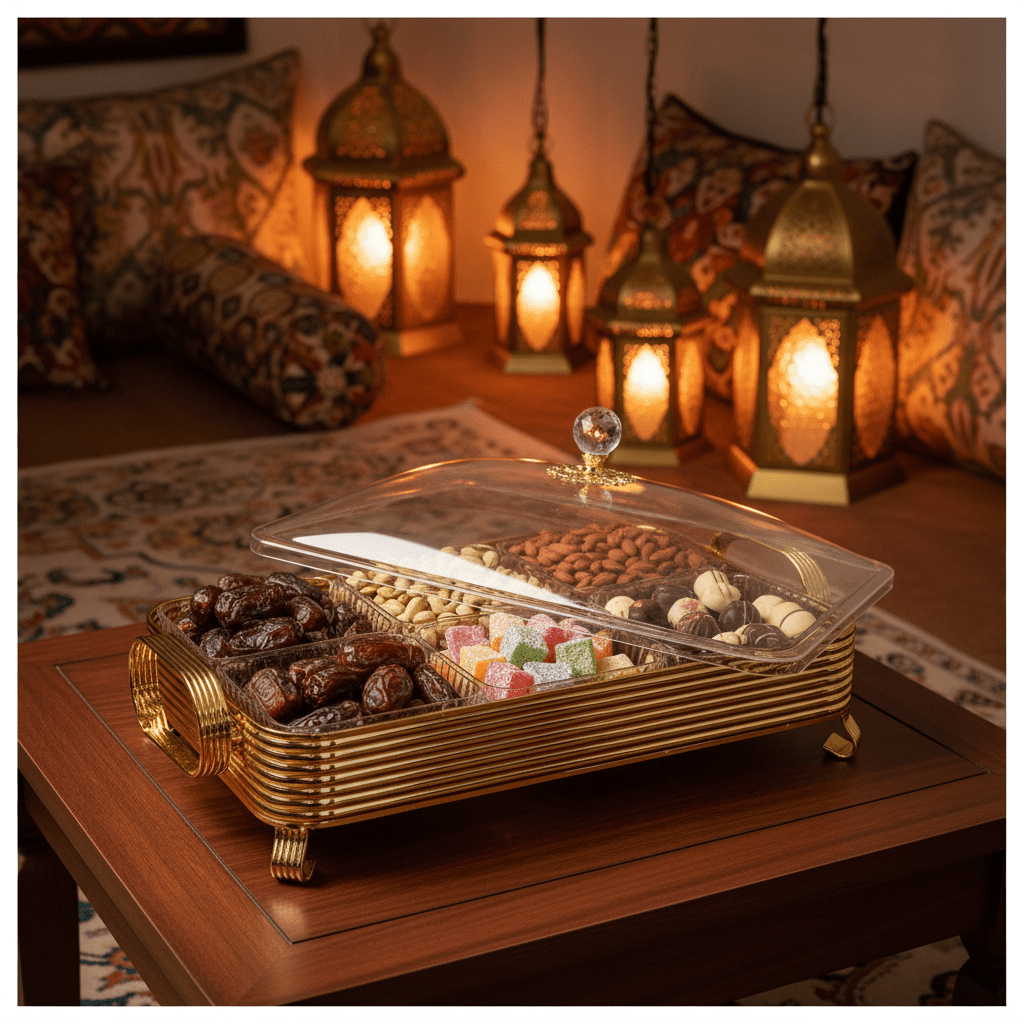 Pilsco Premium 6 - Compartment Clear Acrylic Candy Storage Box with Elegant Gold Metal Frame & Lid for Chocolates Dry Fruits Sweets and Snacks – Luxury Serving Organizer 40×28 cm - Al Kabayel Discount CentrePilsco Premium 6 - Compartment Clear Acrylic Candy Storage Box with Elegant Gold Metal Frame & Lid for Chocolates Dry Fruits Sweets and Snacks – Luxury Serving Organizer 40×28 cmJars & Food SaversPILSCOAl Kabayel Discount Centre