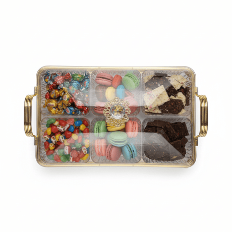 Pilsco Premium 6 - Compartment Clear Acrylic Candy Storage Box with Elegant Gold Metal Frame & Lid for Chocolates Dry Fruits Sweets and Snacks – Luxury Serving Organizer 40×28 cm - Al Kabayel Discount CentrePilsco Premium 6 - Compartment Clear Acrylic Candy Storage Box with Elegant Gold Metal Frame & Lid for Chocolates Dry Fruits Sweets and Snacks – Luxury Serving Organizer 40×28 cmJars & Food SaversPILSCOAl Kabayel Discount Centre