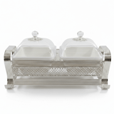 Pilsco Premium White Ceramic Candy Bowl with Elegant Silver Metal Holder & Lid – Luxury 2 - Section Serving Dish for Sweets and Nuts 25×12 cm - Al Kabayel Discount CentrePilsco Premium White Ceramic Candy Bowl with Elegant Silver Metal Holder & Lid – Luxury 2 - Section Serving Dish for Sweets and Nuts 25×12 cmJars & Food SaversPILSCOAl Kabayel Discount Centre