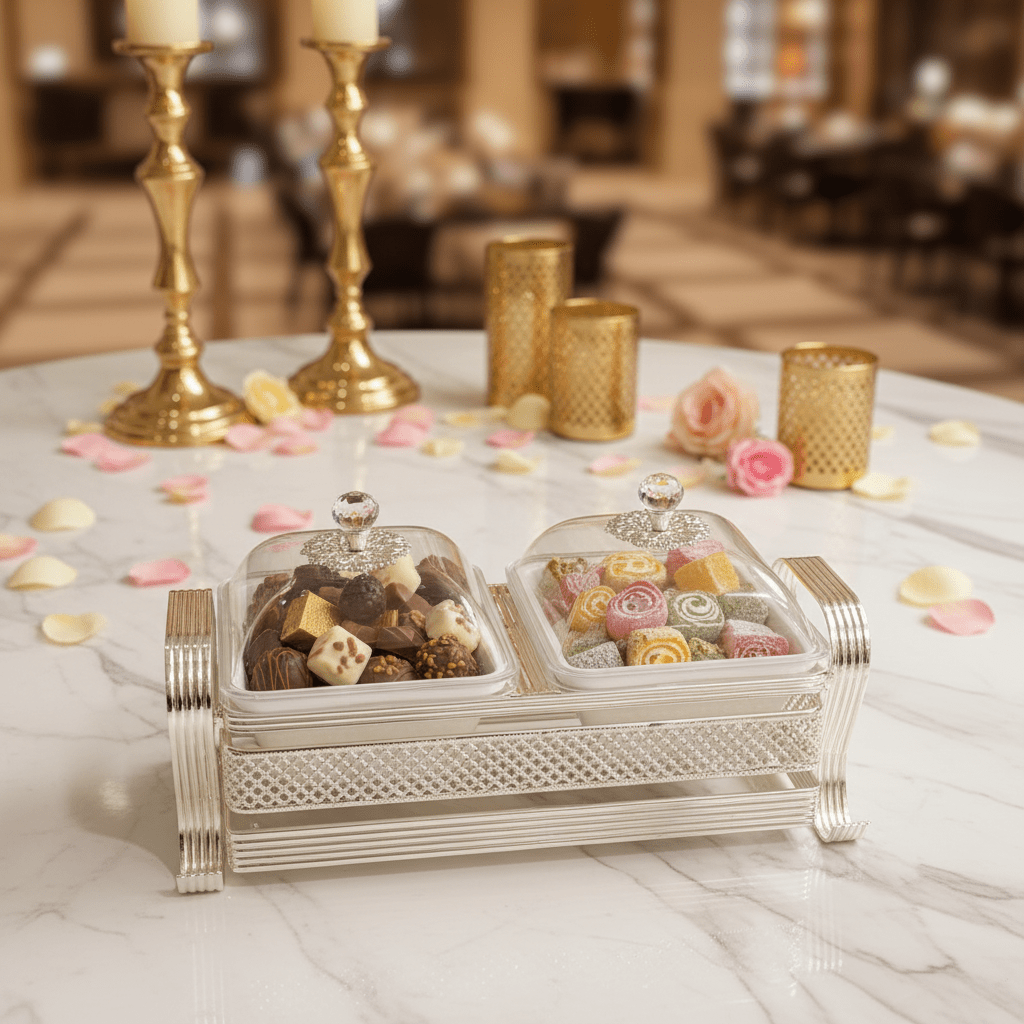 Pilsco Premium White Ceramic Candy Bowl with Elegant Silver Metal Holder & Lid – Luxury 2 - Section Serving Dish for Sweets and Nuts 25×12 cm - Al Kabayel Discount CentrePilsco Premium White Ceramic Candy Bowl with Elegant Silver Metal Holder & Lid – Luxury 2 - Section Serving Dish for Sweets and Nuts 25×12 cmJars & Food SaversPILSCOAl Kabayel Discount Centre