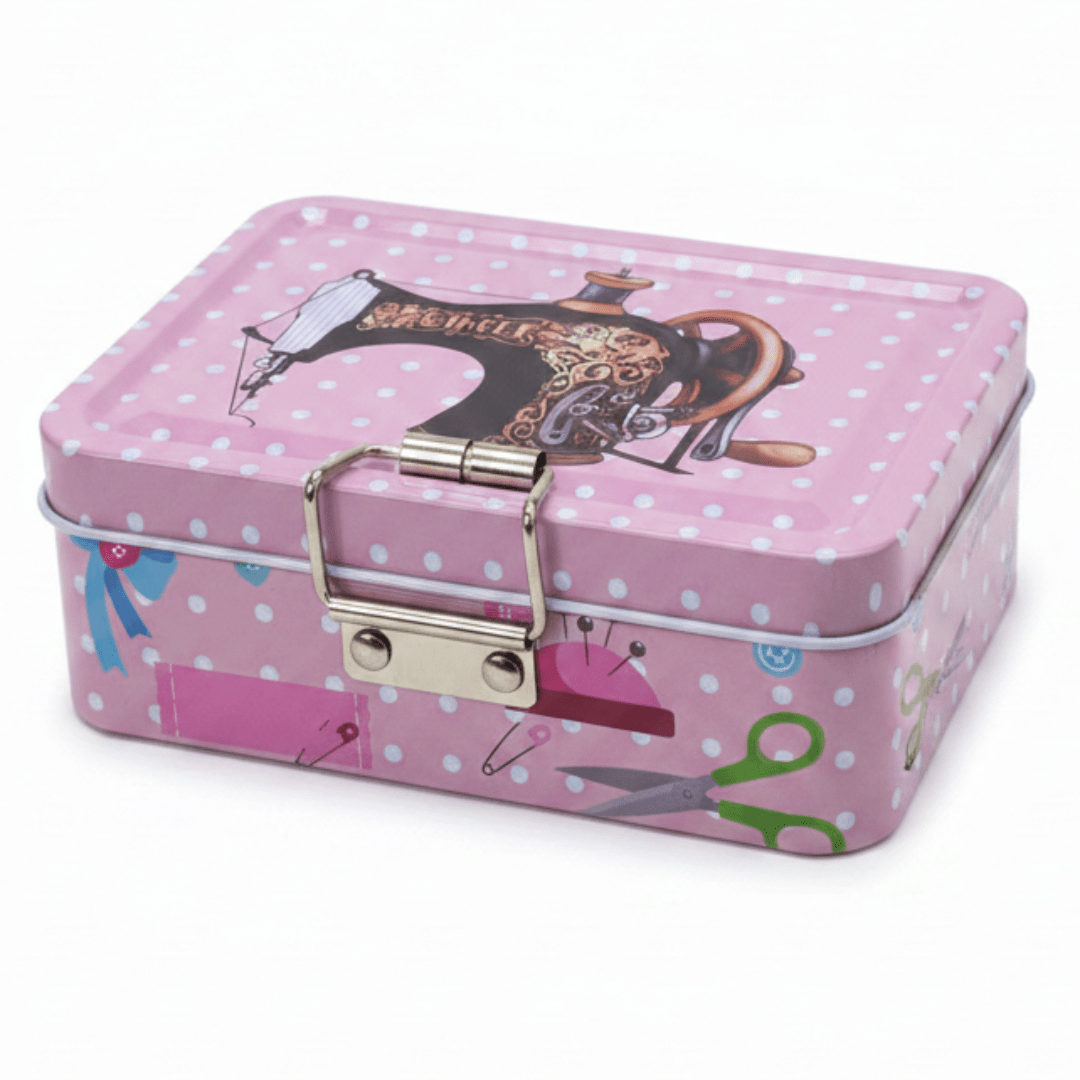 Pink Metal Tin Box – Vintage Sewing Design | 12.5 × 9 cm - Al Kabayel Discount CentrePink Metal Tin Box – Vintage Sewing Design | 12.5 × 9 cmJars & Food SaversAKDCAl Kabayel Discount Centre