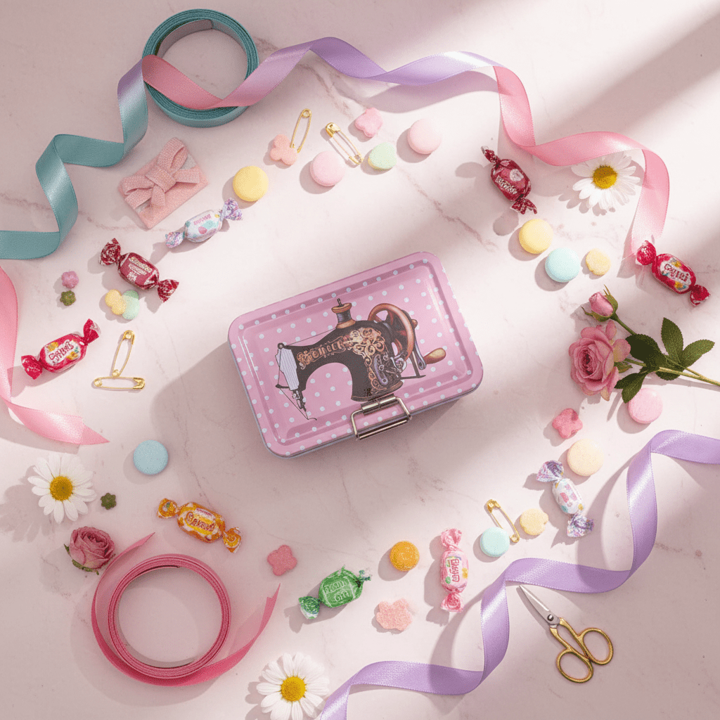 Pink Metal Tin Box – Vintage Sewing Design | 12.5 × 9 cm - Al Kabayel Discount CentrePink Metal Tin Box – Vintage Sewing Design | 12.5 × 9 cmJars & Food SaversAKDCAl Kabayel Discount Centre