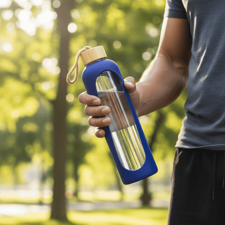 Plain Glass Water Bottle with Navy Blue Silicone Grip Cover – 28 cm - Al Kabayel Discount CentrePlain Glass Water Bottle with Navy Blue Silicone Grip Cover – 28 cmWater BottlesAKDCAl Kabayel Discount Centre