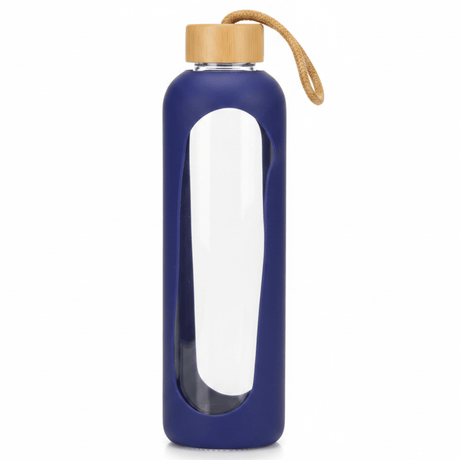 Plain Glass Water Bottle with Navy Blue Silicone Grip Cover – 28 cm - Al Kabayel Discount CentrePlain Glass Water Bottle with Navy Blue Silicone Grip Cover – 28 cmWater BottlesAKDCAl Kabayel Discount Centre
