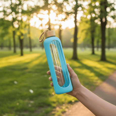 Plain Glass Water Bottle with Sky Blue Protective Silicone Cover – 28 cm - Al Kabayel Discount CentrePlain Glass Water Bottle with Sky Blue Protective Silicone Cover – 28 cmWater BottlesAKDCAl Kabayel Discount Centre
