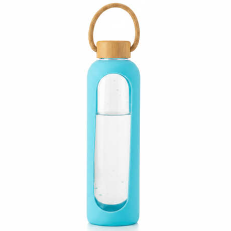 Plain Glass Water Bottle with Sky Blue Protective Silicone Cover – 28 cm - Al Kabayel Discount CentrePlain Glass Water Bottle with Sky Blue Protective Silicone Cover – 28 cmWater BottlesAKDCAl Kabayel Discount Centre