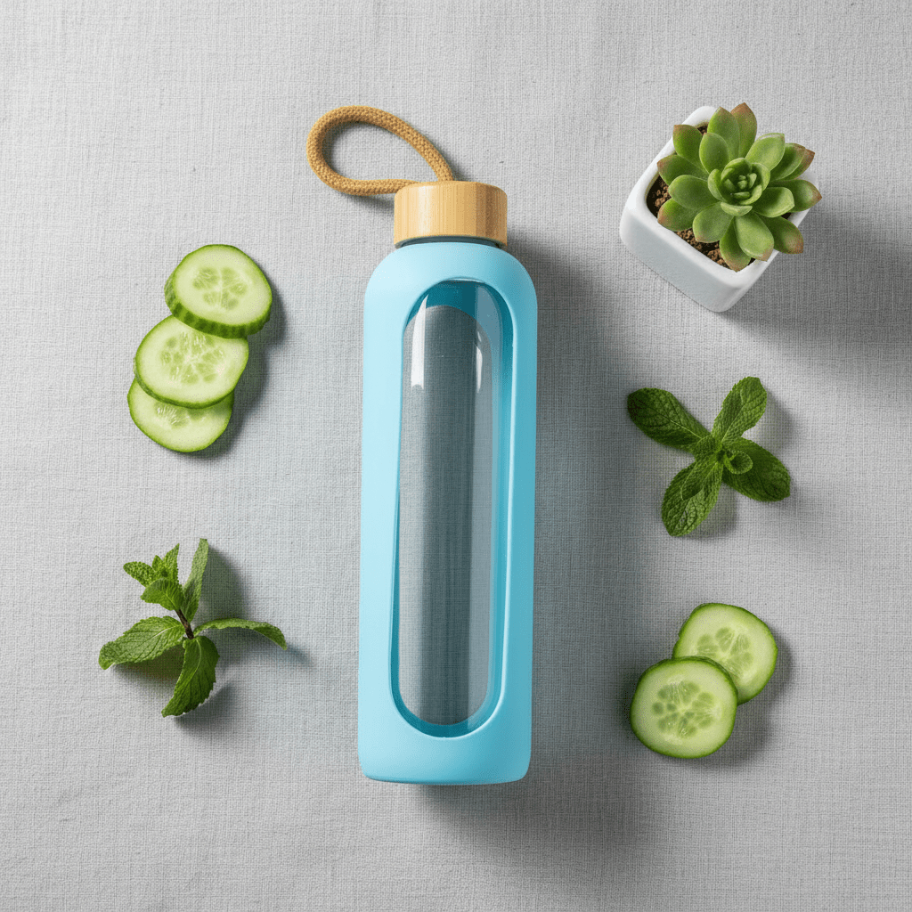Plain Glass Water Bottle with Sky Blue Protective Silicone Cover – 28 cm - Al Kabayel Discount CentrePlain Glass Water Bottle with Sky Blue Protective Silicone Cover – 28 cmWater BottlesAKDCAl Kabayel Discount Centre