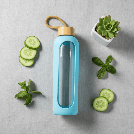 Plain Glass Water Bottle with Sky Blue Protective Silicone Cover – 28 cm - Al Kabayel Discount CentrePlain Glass Water Bottle with Sky Blue Protective Silicone Cover – 28 cmWater BottlesAKDCAl Kabayel Discount Centre