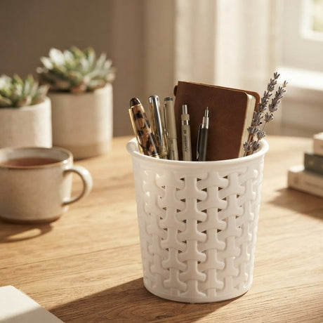 Plastic Woven-Pattern Multipurpose Holder - 10×10cm - White / Brown - Al Kabayel Discount CentrePlastic Woven-Pattern Multipurpose Holder - 10×10cm - White / BrownOrganizers & AccessoriesEXCLUSIVEAl Kabayel Discount Centre
