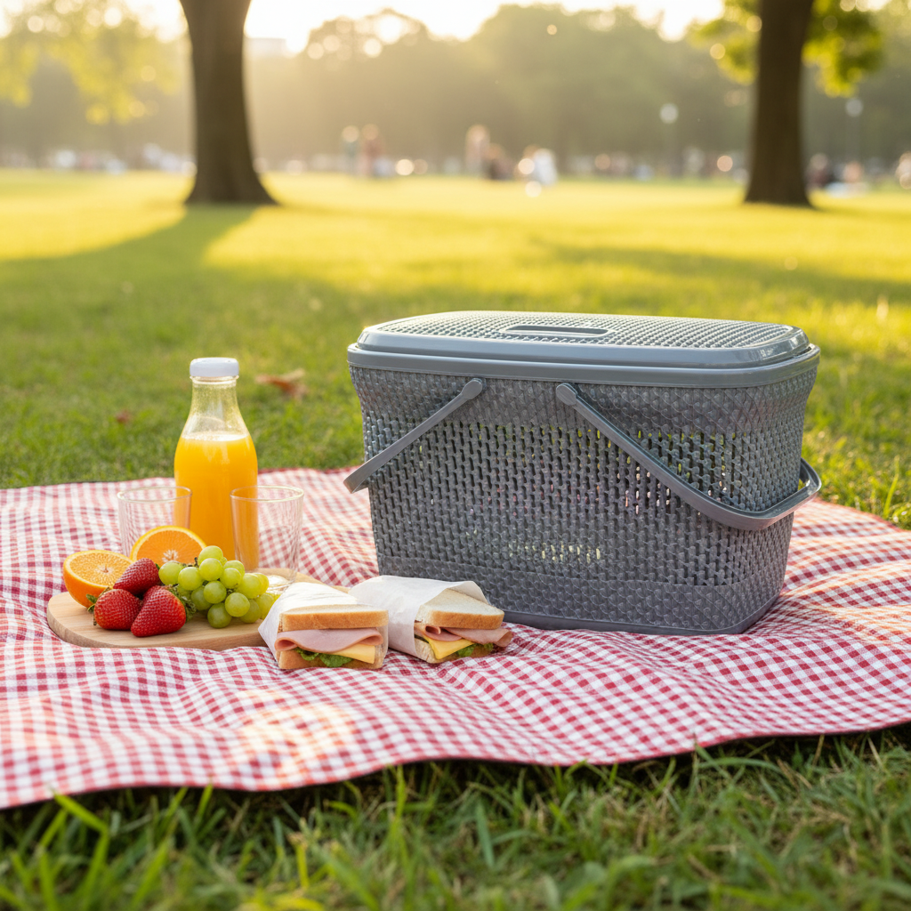 Polytime Plastic Picnic Basket with Lid & Handles - 30 × 45 × 35cm - Grey / White - Al Kabayel Discount CentrePolytime Plastic Picnic Basket with Lid & Handles - 30 × 45 × 35cm - Grey / WhiteOrganizers & AccessoriesPOLYTIMEAl Kabayel Discount Centre