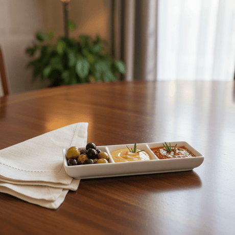 Porceletta White Ceramic 3 - Section Serving Dish 18 cm – Divided Plate for Snacks, Sauces & Appetizers - Al Kabayel Discount CentrePorceletta White Ceramic 3 - Section Serving Dish 18 cm – Divided Plate for Snacks, Sauces & AppetizersServing TraysPORCELETTAAl Kabayel Discount Centre