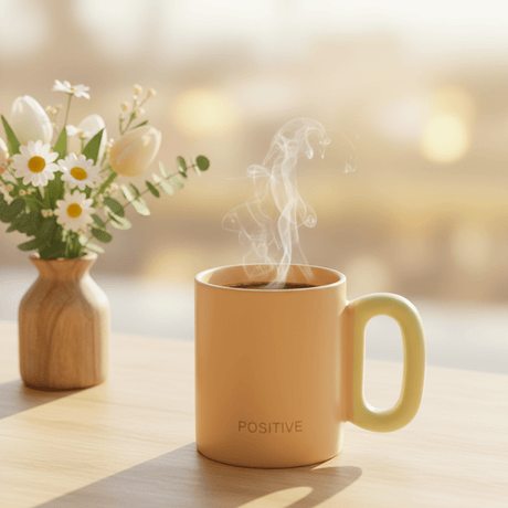 POSITIVE Matte Peach Ceramic Mug | 300ml | Yellow Handle - Al Kabayel Discount CentrePOSITIVE Matte Peach Ceramic Mug | 300ml | Yellow HandleMugsAKDCAl Kabayel Discount Centre