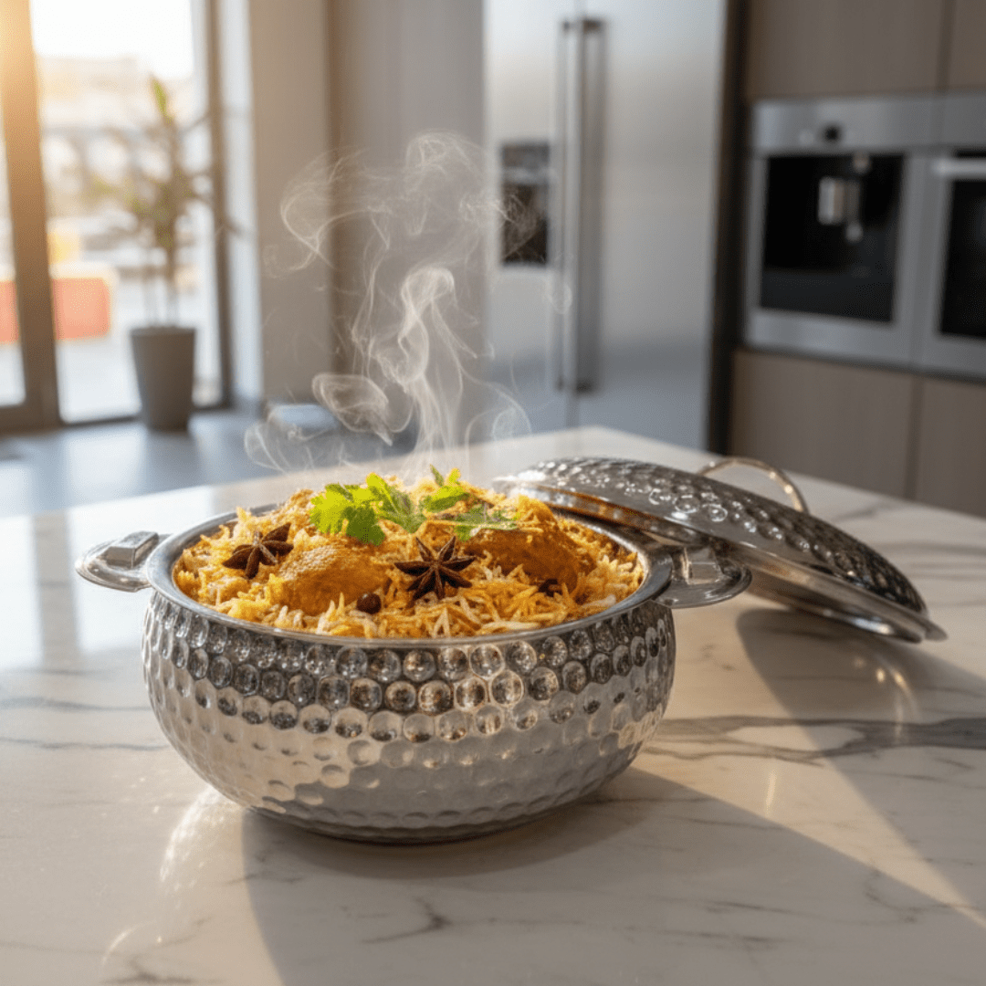 Pradeep Shahla Silver Stainless Steel Hotpot | Hammered Diamond-Texture Insulated Casserole Dish with Lid & Handles | - Al Kabayel Discount CentrePradeep Shahla Silver Stainless Steel Hotpot | Hammered Diamond-Texture Insulated Casserole Dish with Lid & Handles |CasserolesPRADEEPAl Kabayel Discount Centre