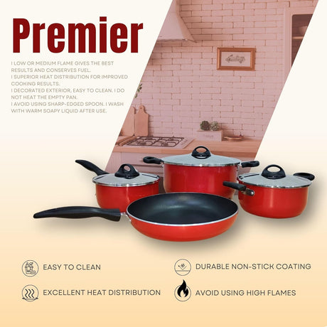 Premier 7pcs Non - Stick Cookware Set Includes 24cm Stew Pot with Lid - 1pc, 18cm Stew Pot with Lid - 1pc, 16cm Sauce Pan with Lid - 1pc, 24cm Frypan - 1pc - Al Kabayel Discount CentrePremier 7pcs Non - Stick Cookware Set Includes 24cm Stew Pot with Lid - 1pc, 18cm Stew Pot with Lid - 1pc, 16cm Sauce Pan with Lid - 1pc, 24cm Frypan - 1pcCookware SetPREMIERAl Kabayel Discount Centre