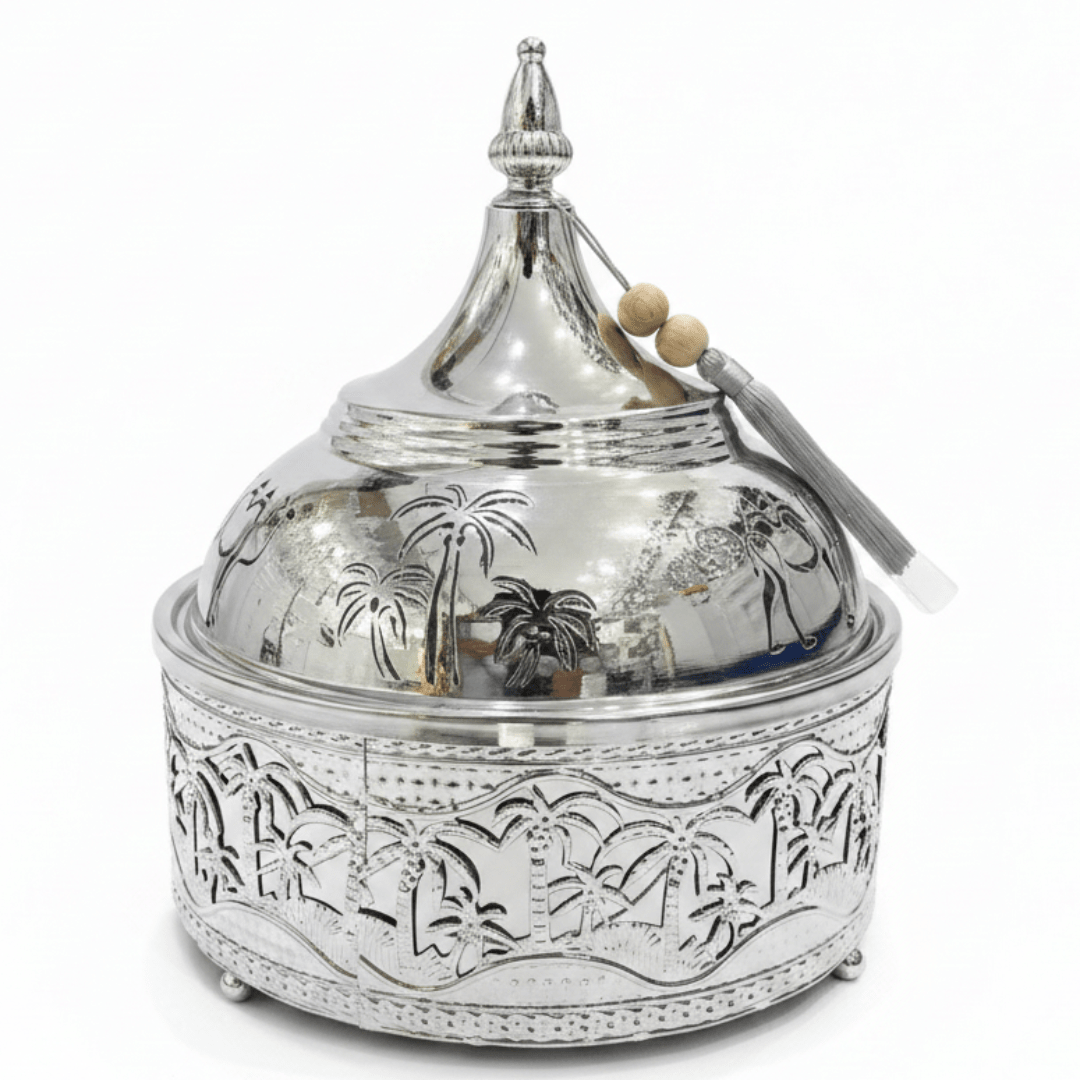 Premium Silver Stainless Steel Tajine with Palm Tree Landscape Design — 22cm | Arabic Heritage Serving Dish - Al Kabayel Discount CentrePremium Silver Stainless Steel Tajine with Palm Tree Landscape Design — 22cm | Arabic Heritage Serving DishServing TraysAKDCAl Kabayel Discount Centre