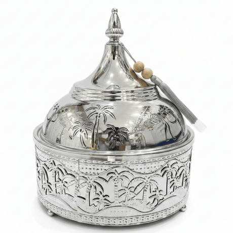 Premium Silver Stainless Steel Tajine with Palm Tree Landscape Design — 22cm | Arabic Heritage Serving Dish - Al Kabayel Discount CentrePremium Silver Stainless Steel Tajine with Palm Tree Landscape Design — 22cm | Arabic Heritage Serving DishServing TraysAKDCAl Kabayel Discount Centre
