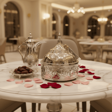 Premium Silver Stainless Steel Tajine with Palm Tree Landscape Design — 22cm | Arabic Heritage Serving Dish - Al Kabayel Discount CentrePremium Silver Stainless Steel Tajine with Palm Tree Landscape Design — 22cm | Arabic Heritage Serving DishServing TraysAKDCAl Kabayel Discount Centre
