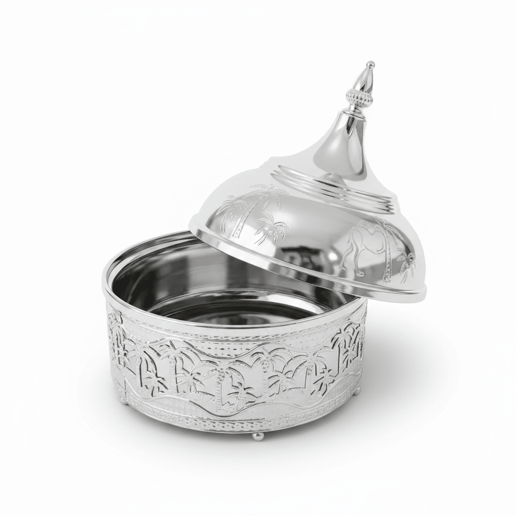 Premium Silver Stainless Steel Tajine with Palm Tree Landscape Design — 22cm | Arabic Heritage Serving Dish - Al Kabayel Discount CentrePremium Silver Stainless Steel Tajine with Palm Tree Landscape Design — 22cm | Arabic Heritage Serving DishServing TraysAKDCAl Kabayel Discount Centre