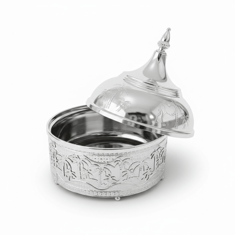 Premium Silver Stainless Steel Tajine with Palm Tree Landscape Design — 22cm | Arabic Heritage Serving Dish - Al Kabayel Discount CentrePremium Silver Stainless Steel Tajine with Palm Tree Landscape Design — 22cm | Arabic Heritage Serving DishServing TraysAKDCAl Kabayel Discount Centre
