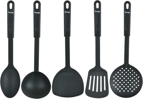 Prestige 5pcs Nylon Kitchen Tool Set, Solid Turner - Slotted Turner - Solid Spoon - Strainer Spoon - Ladle, Black - Al Kabayel Discount CentrePrestige 5pcs Nylon Kitchen Tool Set, Solid Turner - Slotted Turner - Solid Spoon - Strainer Spoon - Ladle, BlackCookware AccessoriesPRESTIGEAl Kabayel Discount Centre