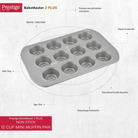 Prestige Carbon Steel 12 Cup Mini Muffin Pan 29.9cm*20cm*2.2cm, Premium Non - Stick Honeycomb Surface, Easy Release Cake and Pastries - 57448 - Al Kabayel Discount CentrePrestige Carbon Steel 12 Cup Mini Muffin Pan 29.9cm*20cm*2.2cm, Premium Non - Stick Honeycomb Surface, Easy Release Cake and Pastries - 57448Frying Pans & SkilletsPRESTIGEAl Kabayel Discount Centre
