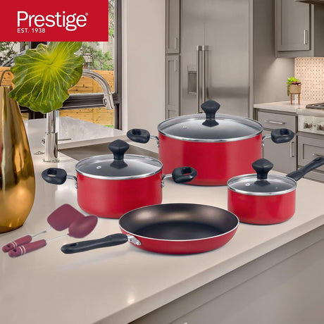 Prestige Non - Stick Cookware sets 9 Pcs, Non Stick Aluminium Pots and Pans Cooking Set, PR22430 - Red - Al Kabayel Discount CentrePrestige Non - Stick Cookware sets 9 Pcs, Non Stick Aluminium Pots and Pans Cooking Set, PR22430 - RedCookware SetPRESTIGEAl Kabayel Discount Centre