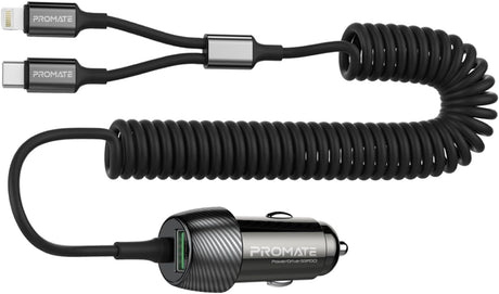 Promate Car Charger with Cable, Universal 33W Power Delivery DC Charger with Built - In 2 - in - 1 Splitter USB - C, Lightning Charging Coiled Cable and QC 3.0 USB Port for iPhone 17, Andriod PowerDrive - 33DCI - Al Kabayel Discount CentrePromate Car Charger with Cable, Universal 33W Power Delivery DC Charger with Built - In 2 - in - 1 Splitter USB - C, Lightning Charging Coiled Cable and QC 3.0 USB Port for iPhone 17, Andriod PowerDrive - 33DCICords & AdaptersPROMATEAl Kabayel Discount Centre