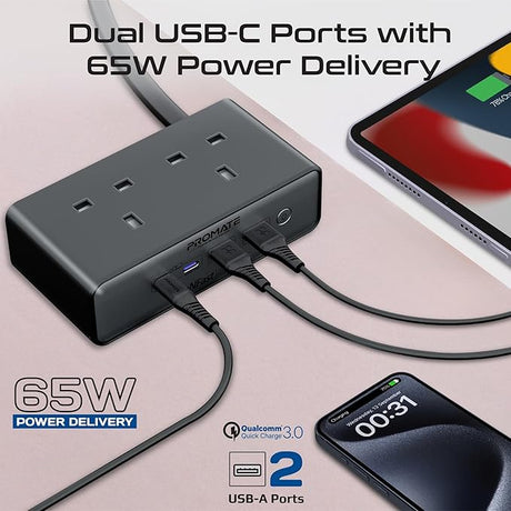 PROMATE Charging Station, 6 - in - 1 Multi - Port 65W GaNFast Power Extension with Dual 3250W AC Sockets, Dual 65W USB - C Power Delivery Ports - Al Kabayel Discount CentrePROMATE Charging Station, 6 - in - 1 Multi - Port 65W GaNFast Power Extension with Dual 3250W AC Sockets, Dual 65W USB - C Power Delivery PortsCords & AdaptersPROMATEAl Kabayel Discount Centre